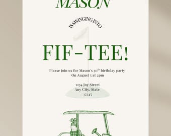 Golf Theme 50th Birthday Invitation | Fif-TEE Editable Canva Template | 50th Golf Party Invite | Digital Download or Print | Men&#39;s Birthday