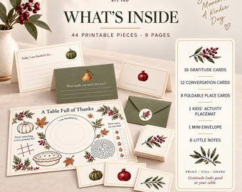 Thanksgiving Gratitude Cards, Conversation Starters, Kids Placemat (Digital Download)
