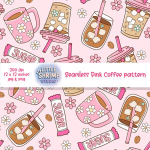 Papel digital con estampado de café sin costuras: clipart de café helado rosa, sobres de azúcar, fondo floral, descarga de estética de cafetería encantadora
