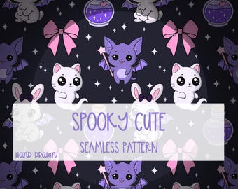 Kawaii Pastell Goth Muster | Geisterkatzen, Fledermäuse | PNG + JPG | Dunkles Digital Papier