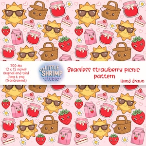 Kawaii Strawberry Sunshine Picnic Seamless Pattern – Cute Jam, Cakes, Baskets, Flowers – Digital Download for Crafts & Stickers