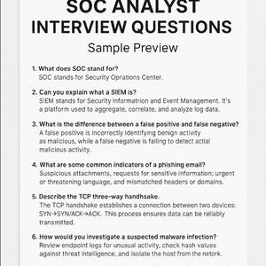 May include: A white sheet of paper with the title "SOC ANALYST INTERVIEW QUESTIONS" in bold black letters. The text includes sample interview questions and answers related to cybersecurity.