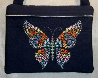 Quilted / Embroidered 8x10" Zipper Shoulder Purse or Tablet & eBook (Kindle, Nook, etc.) Reader Case with Embroidered Floral Butterfly