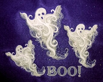 9.25" x 7.5″ Embroidered “Baroque Ghosties” Glow-In-The-Dark Tapestry (12″ x 9″ royal purple glitterwashed felt, embroidered wall art)