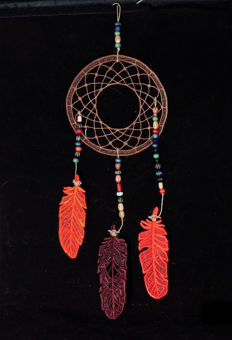 Dream Catcher embroidered FSL with 3 FSL Feathers embroidered freestanding lace wall art image 9