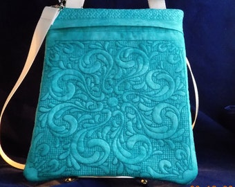 Quilted / Embroidered 8" x 10" Shoulder-Strap Trapunto-Quilted Purse or eReader Case (embroidered bags & purses)