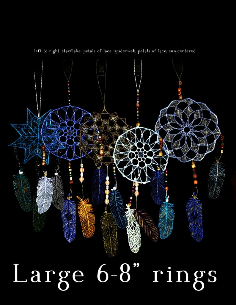 Dream Catcher embroidered FSL with 3 FSL Feathers embroidered freestanding lace wall art image 4