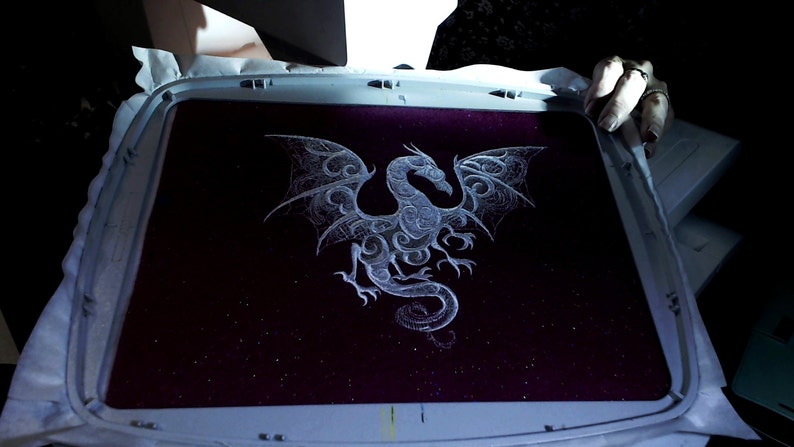 12\u2033 x 9\u2033 overall, fuchsia glitter felt, embroidered wall art 8 x 6.25\u2033 Embroidered \u201cSmoky Dragon\u201d Tapestry