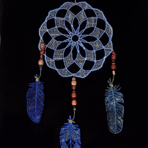 Dream Catcher embroidered FSL with 3 FSL Feathers embroidered freestanding lace wall art image 2