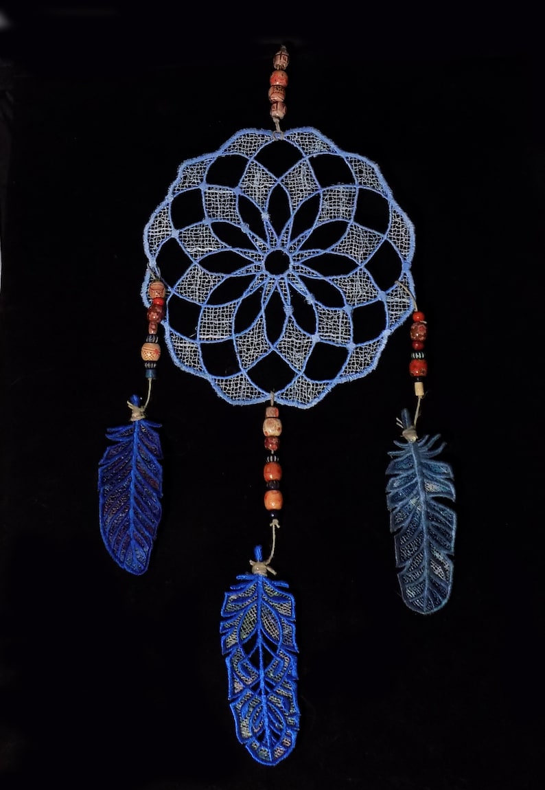 Dream Catcher embroidered FSL with 3 FSL Feathers embroidered freestanding lace wall art image 2