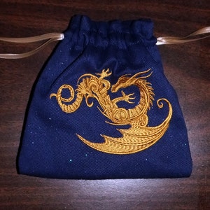 Lined Drawstring Dice Bag with Embroidered Lucky Dragon image 1