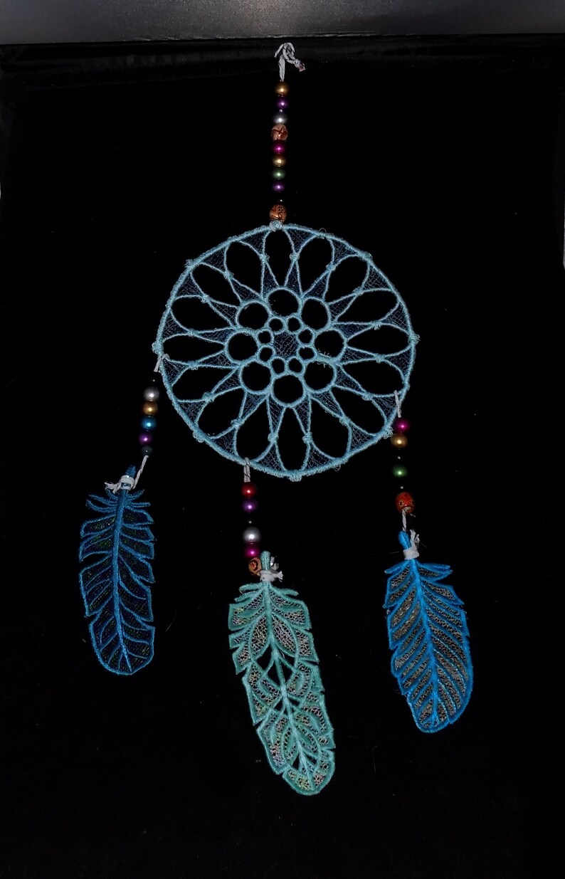 Dream Catcher embroidered FSL with 3 FSL Feathers embroidered freestanding lace wall art image 6