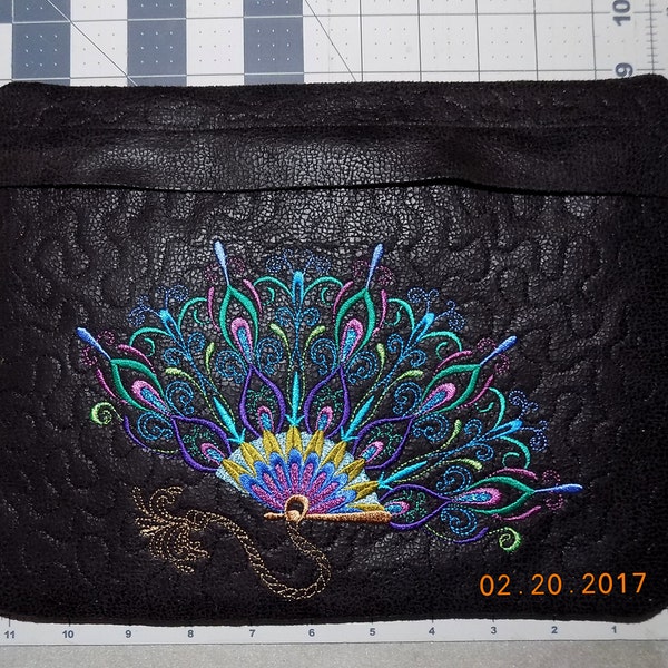 Peacock Fan & Peacock Faux Snakeskin Suede Evening Clutch (8.75″ x 11.5″ – fully lined, padded, quilted, embroidered)
