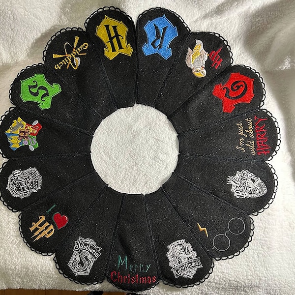 Custom Embroidered, Themed 15-panel Holiday Tree Skirt, **tabletop size** 24"-26"