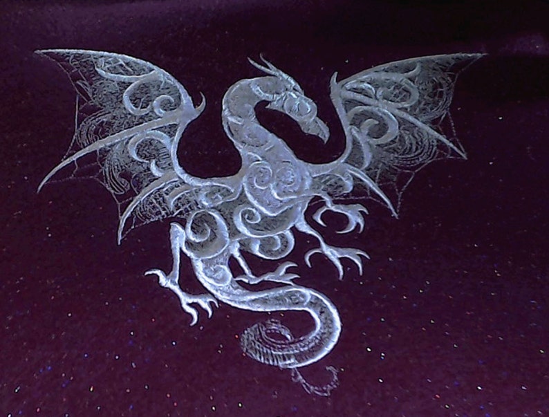 12\u2033 x 9\u2033 overall, fuchsia glitter felt, embroidered wall art 8 x 6.25\u2033 Embroidered \u201cSmoky Dragon\u201d Tapestry