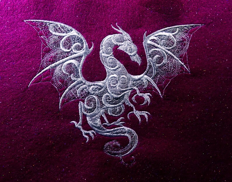 12\u2033 x 9\u2033 overall, fuchsia glitter felt, embroidered wall art 8 x 6.25\u2033 Embroidered \u201cSmoky Dragon\u201d Tapestry