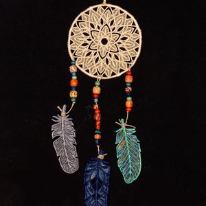 Dream Catcher embroidered FSL with 3 FSL Feathers embroidered freestanding lace wall art image 10