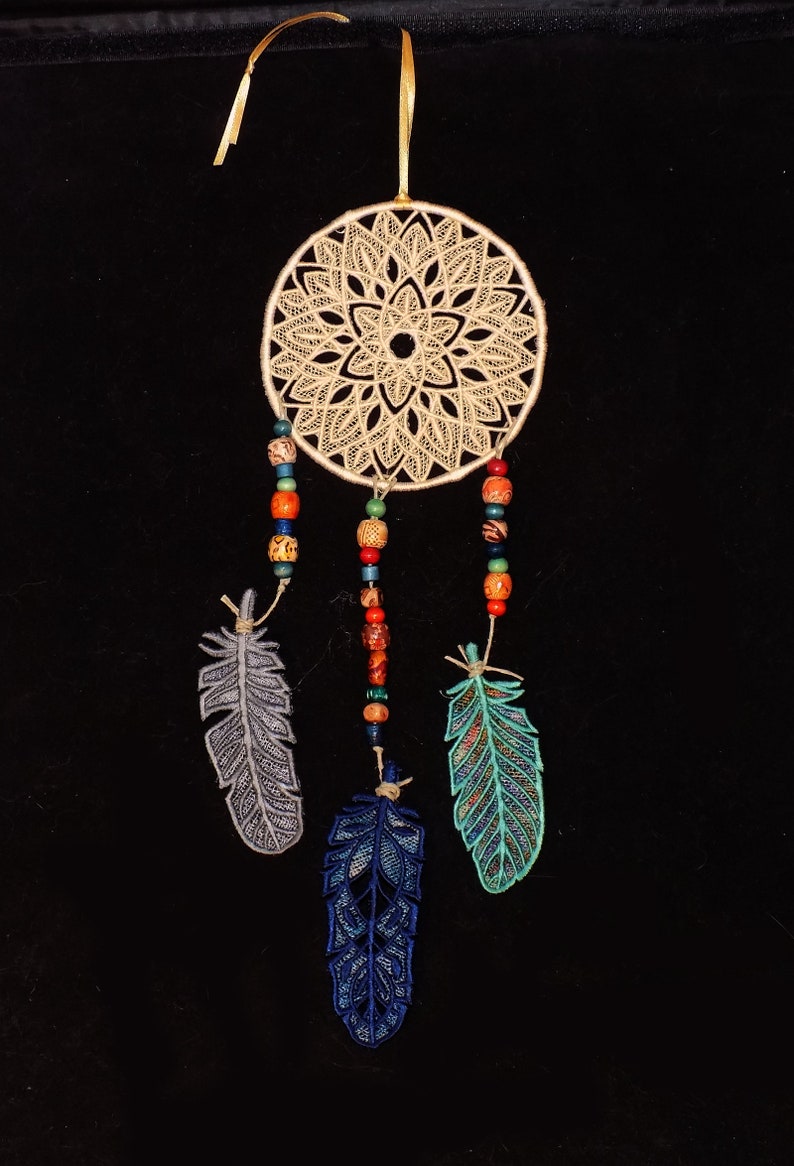 Dream Catcher embroidered FSL with 3 FSL Feathers embroidered freestanding lace wall art image 10