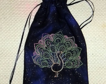Lined Drawstring Bag with Embroidered Peacock