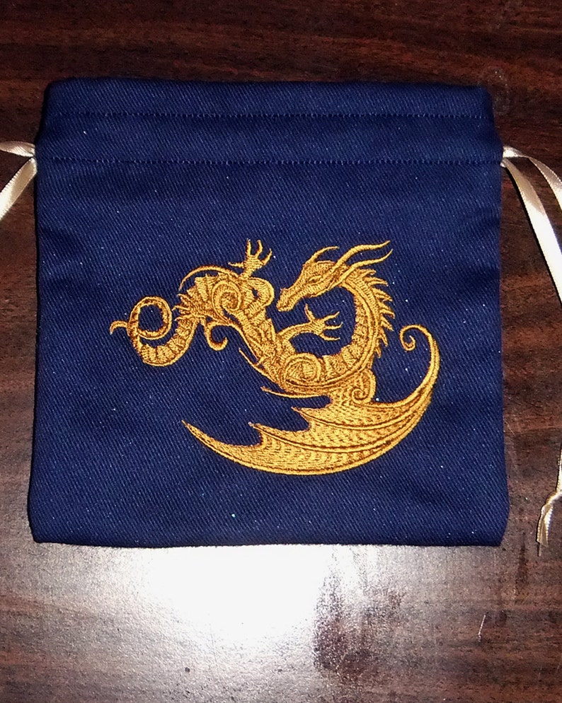 Lined Drawstring Dice Bag with Embroidered Lucky Dragon image 3