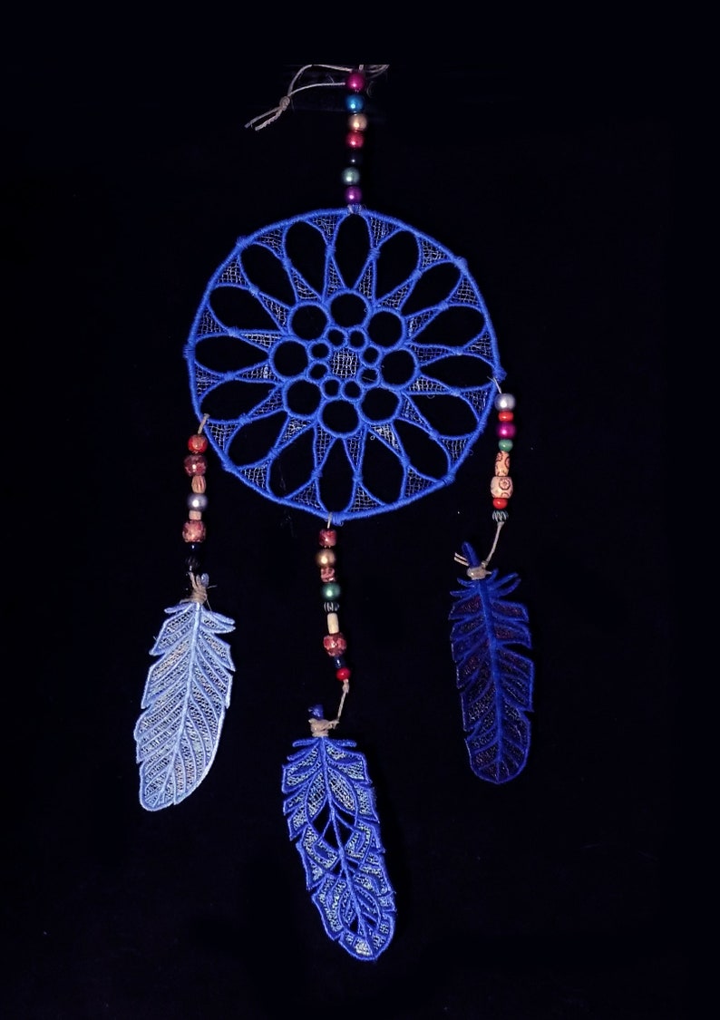 Dream Catcher embroidered FSL with 3 FSL Feathers embroidered freestanding lace wall art image 3