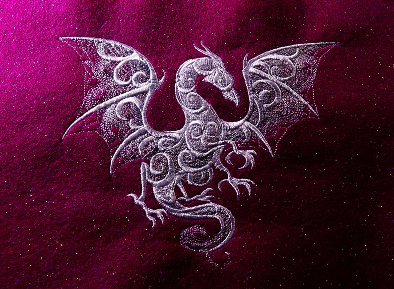 12\u2033 x 9\u2033 overall, fuchsia glitter felt, embroidered wall art 8 x 6.25\u2033 Embroidered \u201cSmoky Dragon\u201d Tapestry