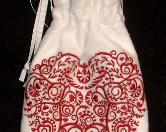 Lined Drawstring Pouch with Embroidered Heart