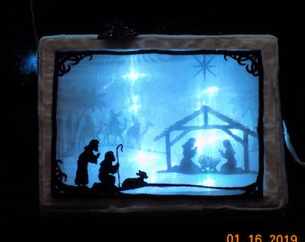 Shadowbox -- 7.5" x 5.5" x 3.5" rectangular hooped Embroidered Wall Art -- "Nativity" (other styles available, see dropdown)