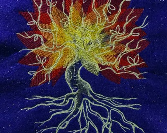 6.5" x 9″ Embroidered “Autumn Tree” Glow-in-the-Dark Tapestry (9″ x 12″ royal blue glitter felt, embroidered wall art)