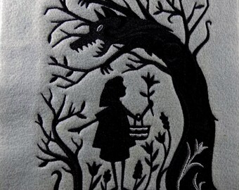 7" x 9″ Embroidered "Red Riding Hood Fairytale Shadow" Tapestry (9" x 12″ soft gray glitterwashed felt, embroidered wall art)