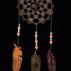Dream Catcher embroidered FSL with 3 FSL Feathers embroidered freestanding lace wall art image 5