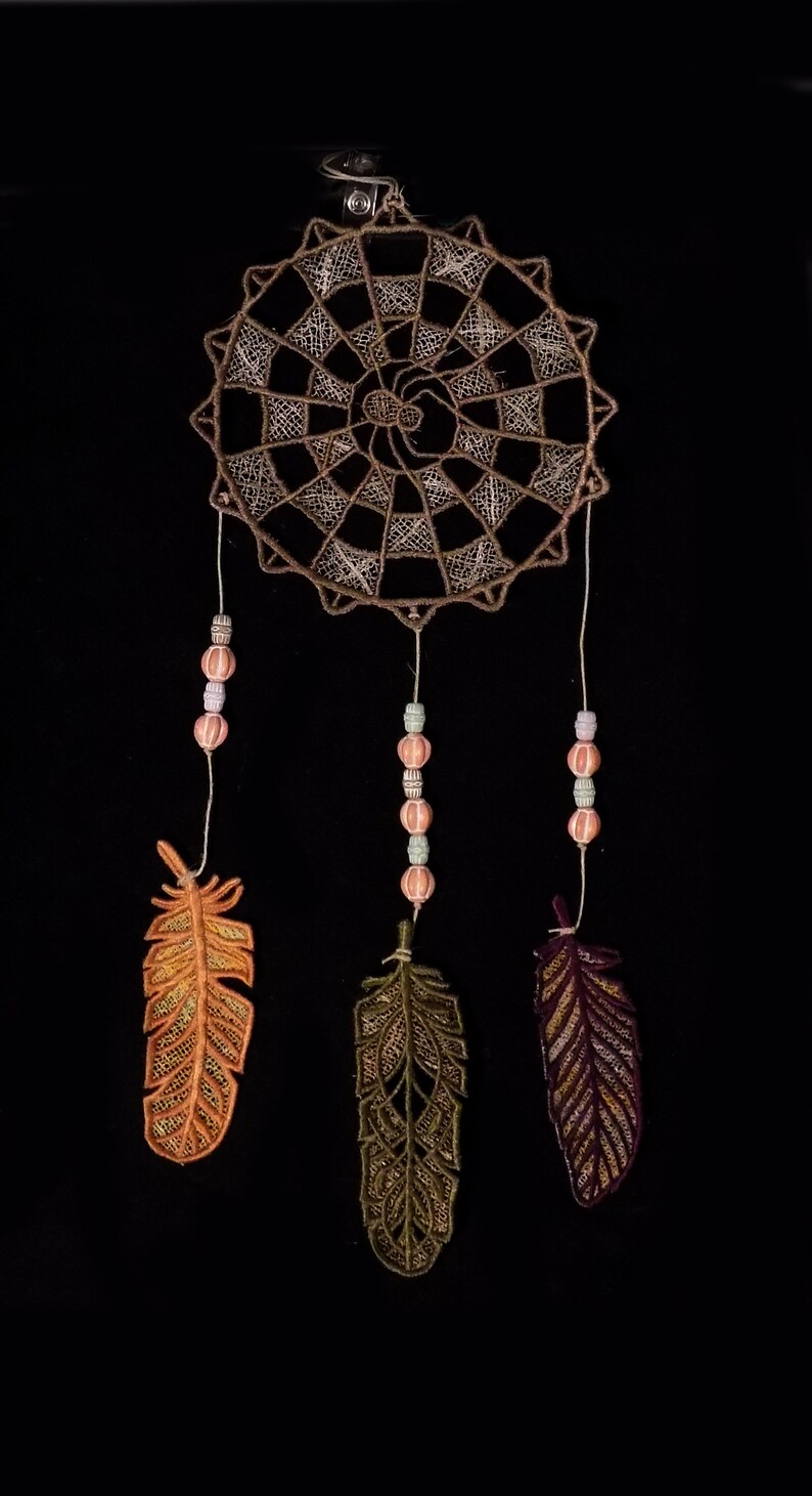 Dream Catcher embroidered FSL with 3 FSL Feathers embroidered freestanding lace wall art image 5