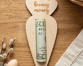 Birch Wood Bunny Money Holder, Carrot Easter Gift Tag, Kids Basket Stuffer