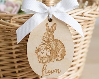 Personalized Bunny Easter Basket Tag | Custom Engraved Birch Wood Name Decor