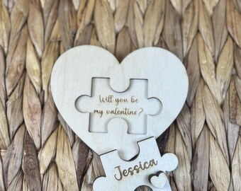 Personalized Valentine Puzzle, Engraved Wooden Heart, Custom Name Proposal