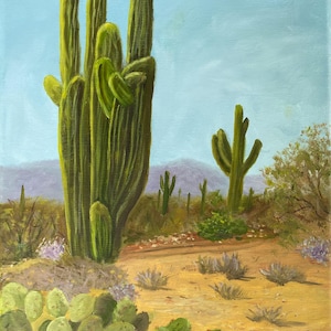Standing Tall ist ein Druck eines originalen Ölgemäldes. Diese Kakteen stehen im Saguaro National Park in Tucson, Arizona.