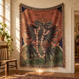 Mahakali Woven Tapestry Wall Hanging, Ten-Headed Hindu Goddess Kali, Company School Painting, Pooja Room Decor image 3