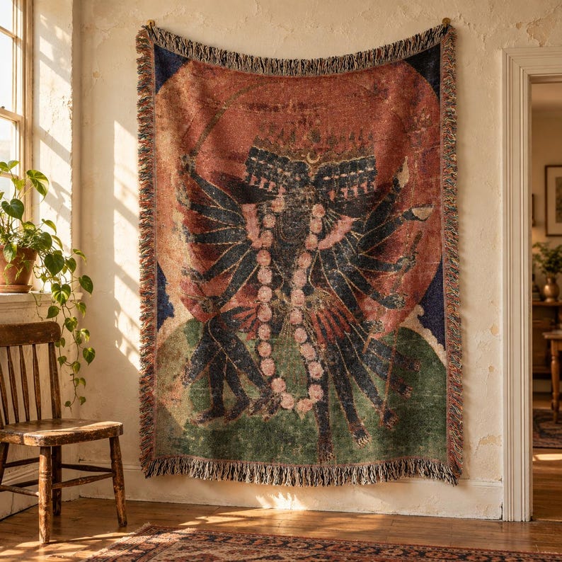 Mahakali Woven Tapestry Wall Hanging, Ten-Headed Hindu Goddess Kali, Company School Painting, Pooja Room Decor image 3