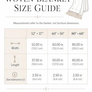 K&ouml;nnte beinhalten: Eine Gr&ouml;&szlig;entabelle f&uuml;r Webdecken mit drei Optionen: 132,1 x 94,0 cm, 152,4 x 127,0 cm und 203,2 x 152,4 cm. Die Tabelle f&uuml;hrt Breite, L&auml;nge und eine Gr&ouml;&szlig;entoleranz von 6,4 cm f&uuml;r jede Deckenabmessung auf.
