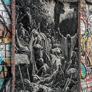 De torra benens dal vävd gobelängfilt, Gustave Doré bibelgravyr, Hesekiel 37 bild 6
