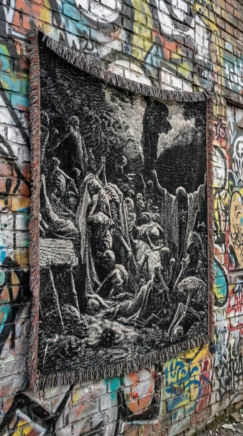 De torra benens dal vävd gobelängfilt, Gustave Doré bibelgravyr, Hesekiel 37 bild 6