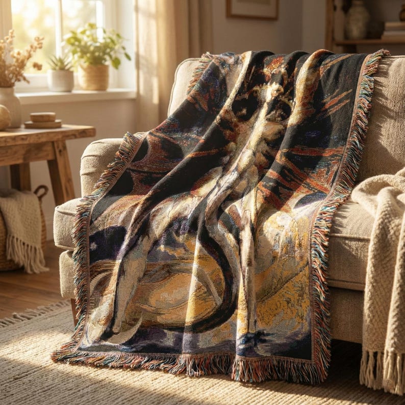 Puede incluir: Una manta tejida con un dise&ntilde;o gr&aacute;fico oscuro y complejo en tonos negro, dorado y naranja &oacute;xido. La manta rectangular tiene una superficie texturizada y bordes acabados con flecos decorativos a lo largo de los lados.
