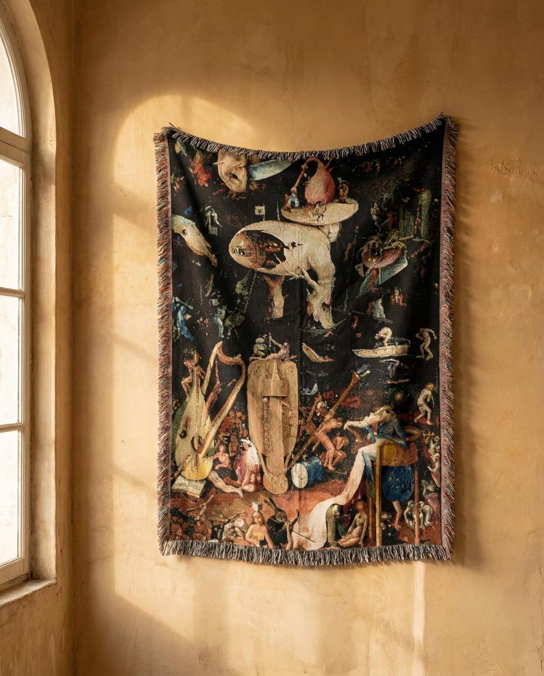 Jordiska fröjdernas trädgård Helvetespanel Vävd gobelängfilt, Hieronymus Bosch väggbonad bild 8