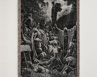 Geweven wandtapijtdeken met afbeelding van de Vallei van de Droge Beenderen, Bijbelgravure van Gustave Doré, Ezechiël 37