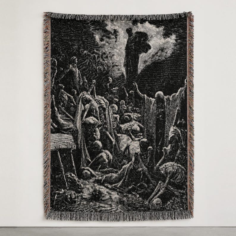 De torra benens dal vävd gobelängfilt, Gustave Doré bibelgravyr, Hesekiel 37 bild 1