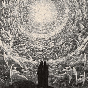 May include: A black and white woven tapestry depicting two figures standing on a dark rocky outcrop, looking up towards a bright, radiant light surrounded by numerous winged angelic forms swirling in a circular, cloud-like pattern.