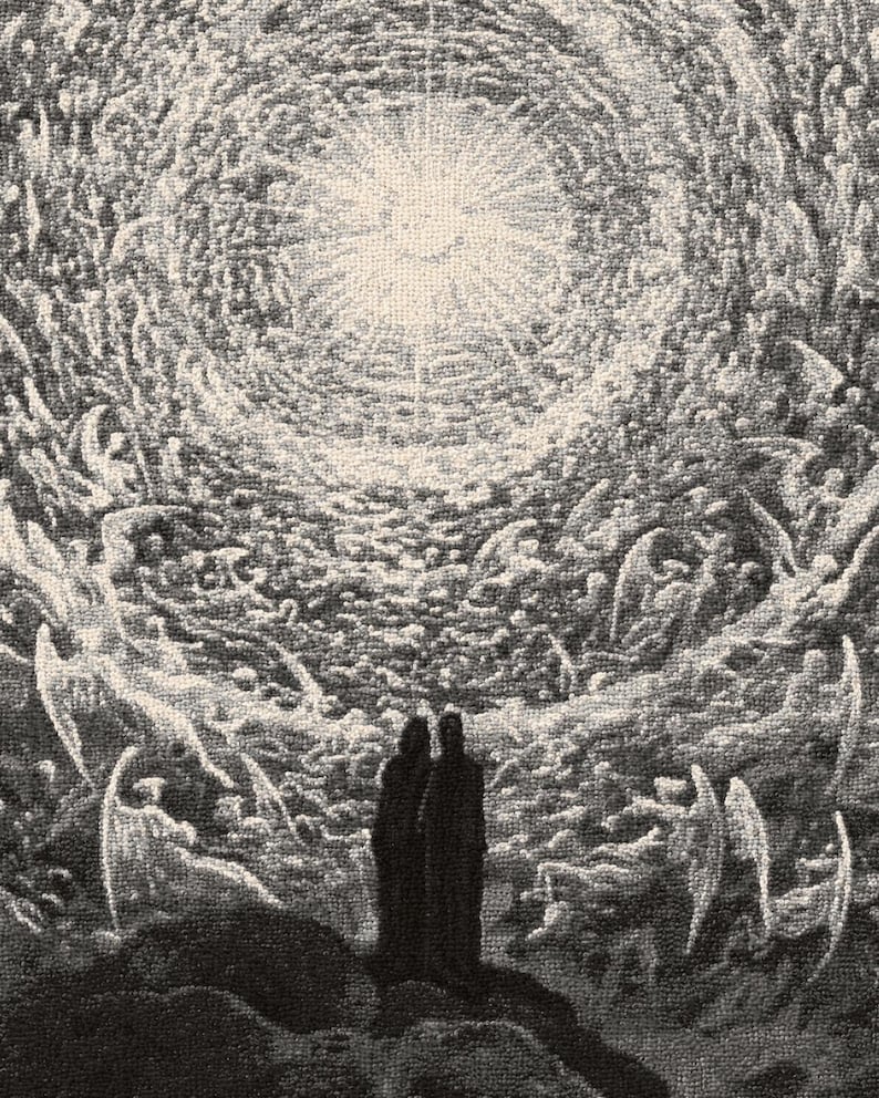 May include: A black and white woven tapestry depicting two figures standing on a dark rocky outcrop, looking up towards a bright, radiant light surrounded by numerous winged angelic forms swirling in a circular, cloud-like pattern.
