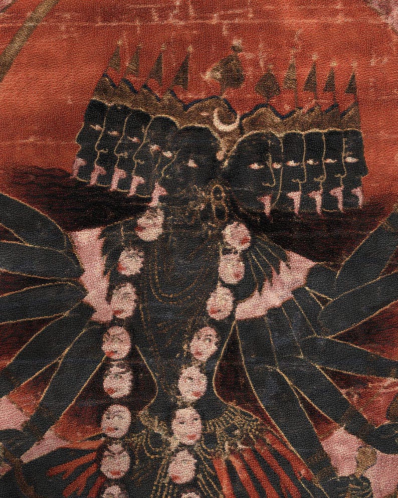 Mahakali Woven Tapestry Wall Hanging, Ten-Headed Hindu Goddess Kali, Company School Painting, Pooja Room Decor image 2
