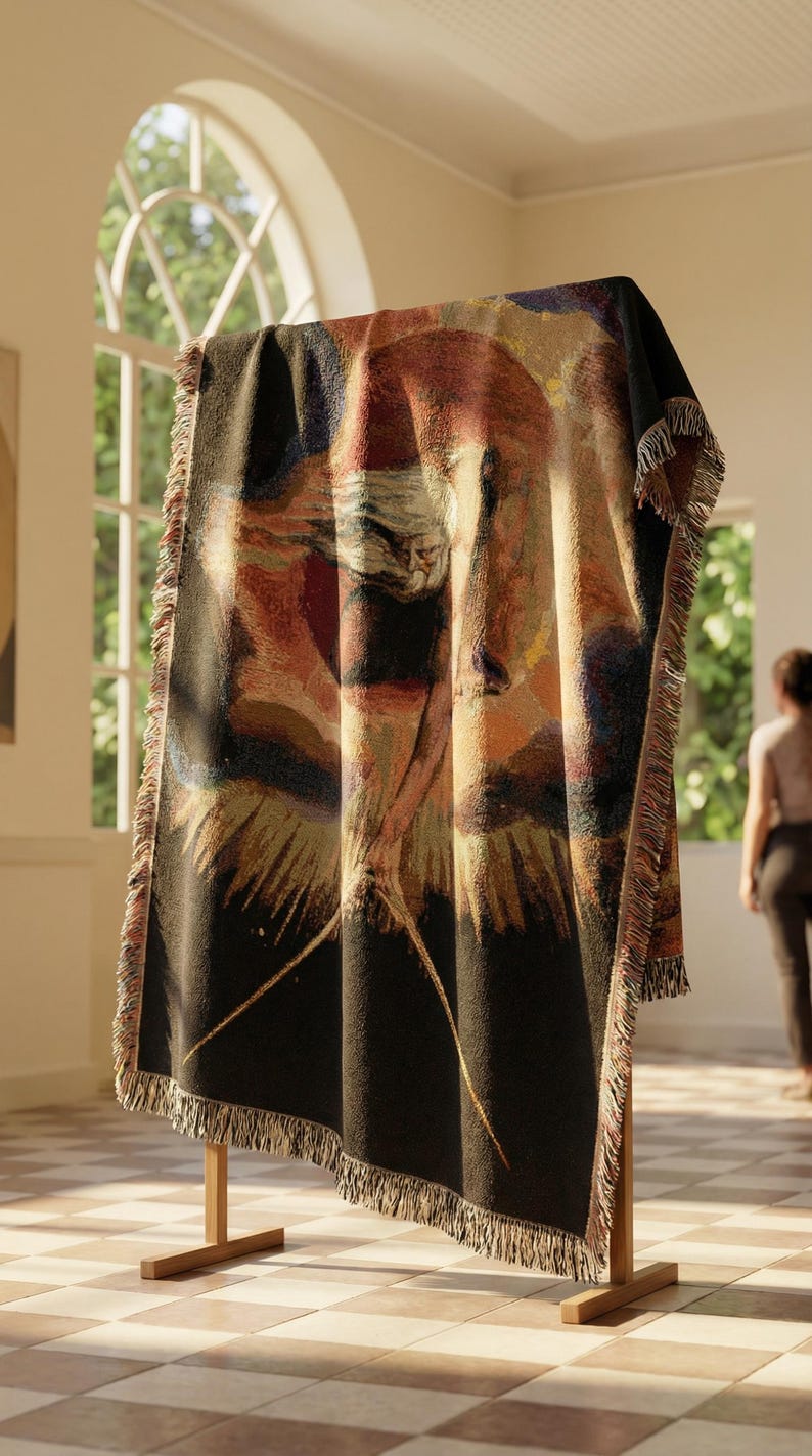 Puede incluir: Una manta tejida rectangular con un fondo negro oscuro y un dise&ntilde;o abstracto central en tonos naranja, amarillo y rojo intenso. La manta presenta una superficie texturizada y bordes deshilachados a lo largo de los lados y el dobladillo inferior.