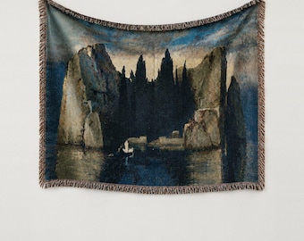 Wandtapijt 'Eiland van de Doden', Arnold Böcklin 1883, symbolistisch wandkleed.